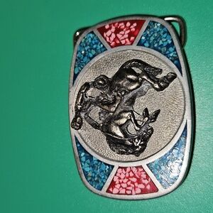 Vintage Cowboy Bronco Rider Belt Buckle with Turquoise & Coral Inlay